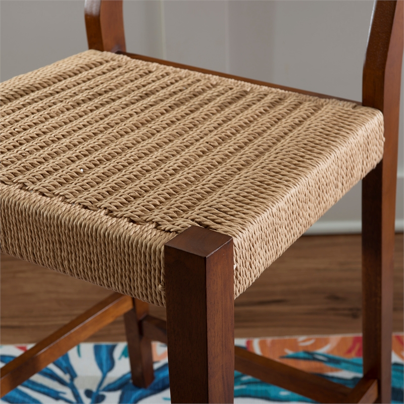Maklaine Wood 2 Tone Counter Stools Handwoven Rope Seat Set of 2 in Brown