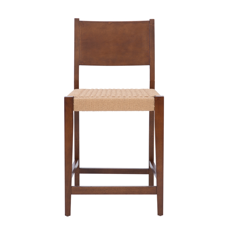 Maklaine Wood 2 Tone Counter Stools Handwoven Rope Seat Set of 2 in Brown