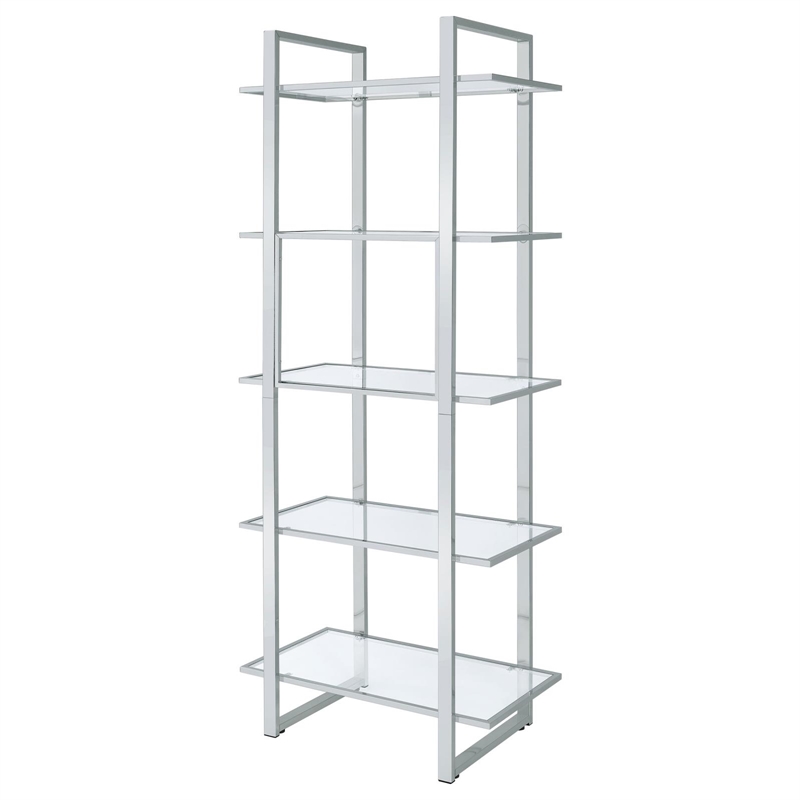 Maklaine Contemporary Rectangular Metal Bookcase with 5-Shelf in Chrome