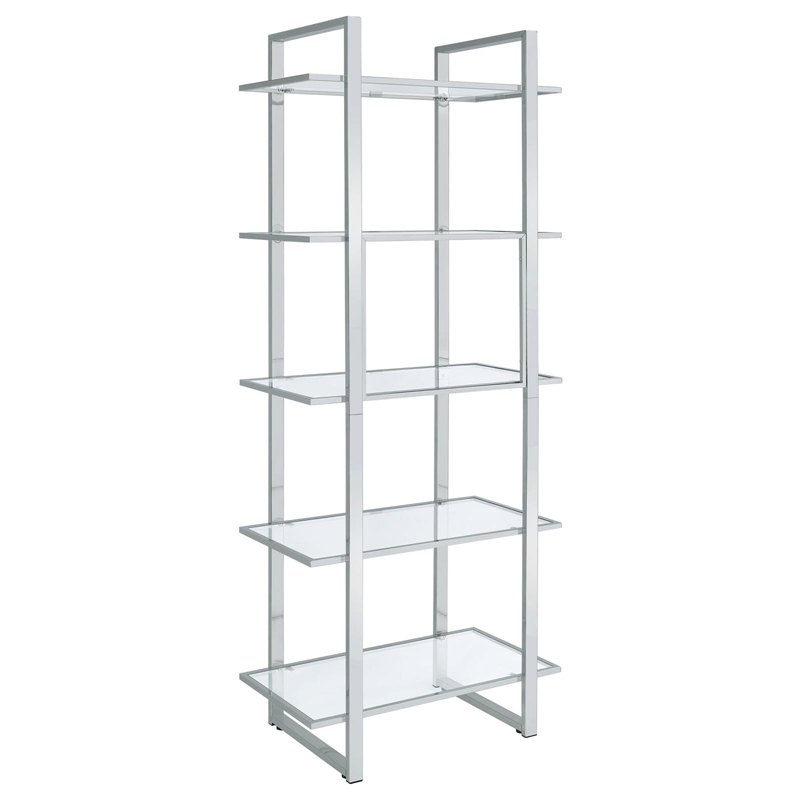 Maklaine Contemporary Rectangular Metal Bookcase with 5-Shelf in Chrome