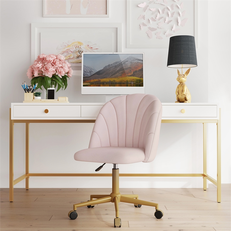 Maklaine Upholstered Adjustable Armless Desk Chair Gold Legs in Blush Pink