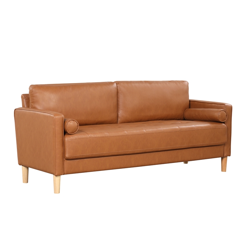 Maklaine Mid-Century Sofa in Caramel Brown Faux Leather Upholstery
