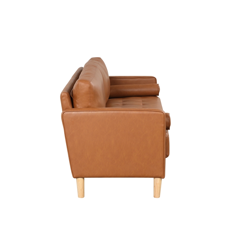 Maklaine Mid-Century Sofa in Caramel Brown Faux Leather Upholstery