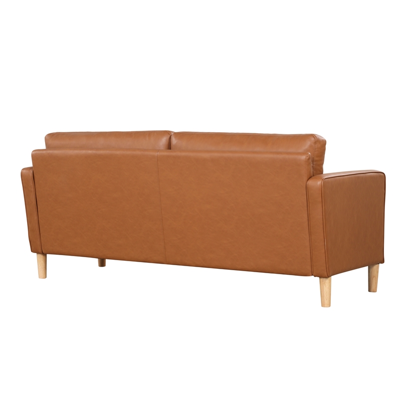 Maklaine Mid-Century Sofa in Caramel Brown Faux Leather Upholstery