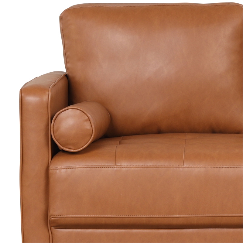 Maklaine Mid-Century Sofa in Caramel Brown Faux Leather Upholstery