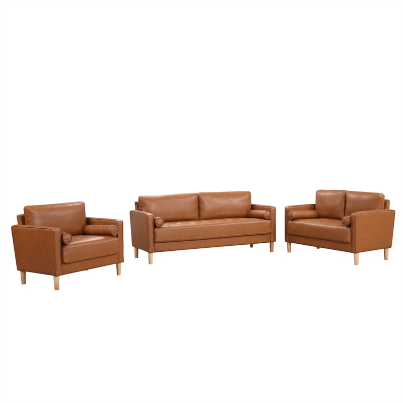 Maklaine Mid-Century Sofa in Caramel Brown Faux Leather Upholstery