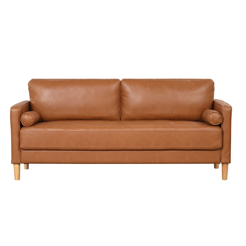 Maklaine Mid-Century Sofa in Caramel Brown Faux Leather Upholstery