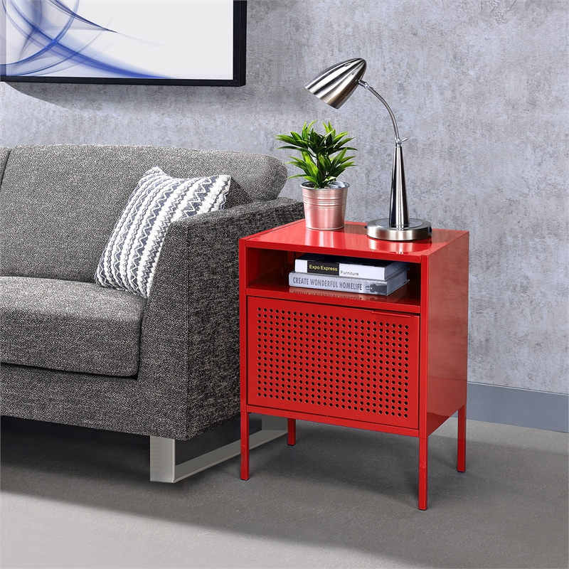 Maklaine Modern Transitional Metal Nightstand with USB Port in Red