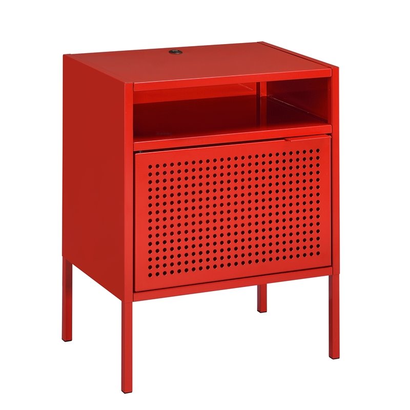 Maklaine Modern Transitional Metal Nightstand with USB Port in Red