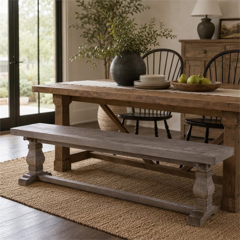 Maklaine Reclaimed Pine Wood Weathered Brown Bench Rectangular Hand Carved 83