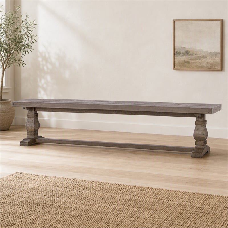 Maklaine Reclaimed Pine Wood Weathered Brown Bench Rectangular Hand Carved 83