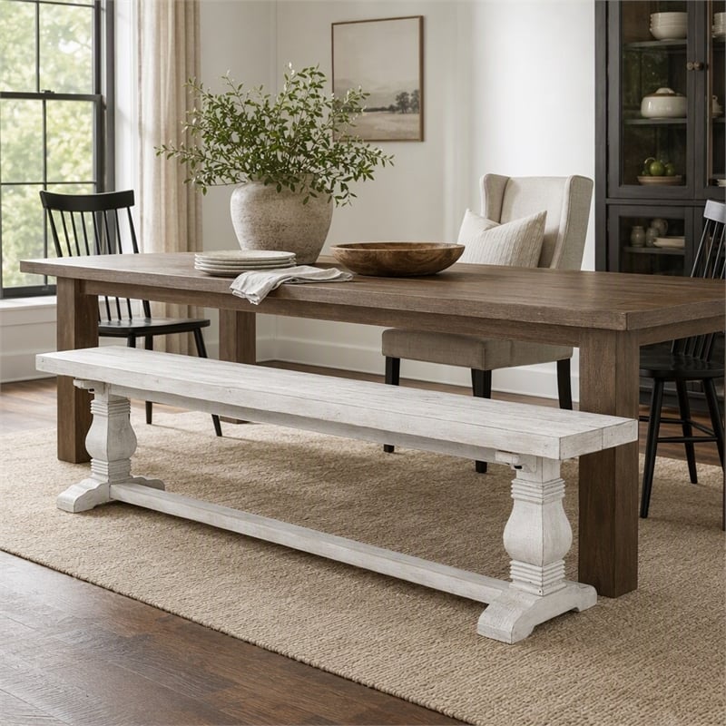 Maklaine Reclaimed Solid Pine Wood Nordic Ivory Bench Rectangular Hand Carved 83
