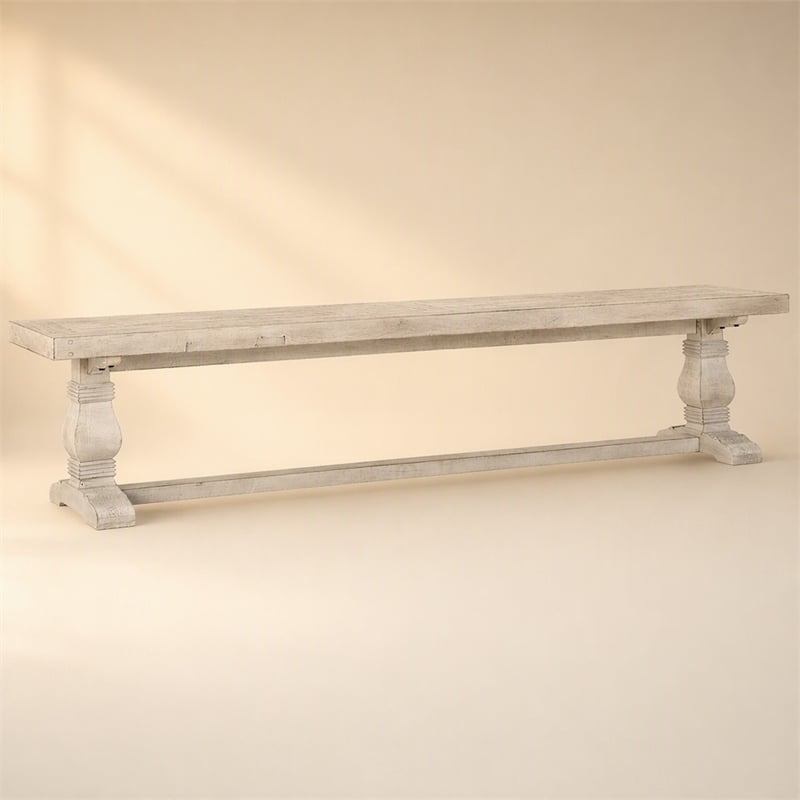 Maklaine Reclaimed Solid Pine Wood Nordic Ivory Bench Rectangular Hand Carved 83