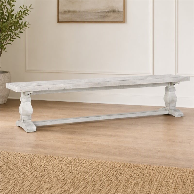Maklaine Reclaimed Solid Pine Wood Nordic Ivory Bench Rectangular Hand Carved 83