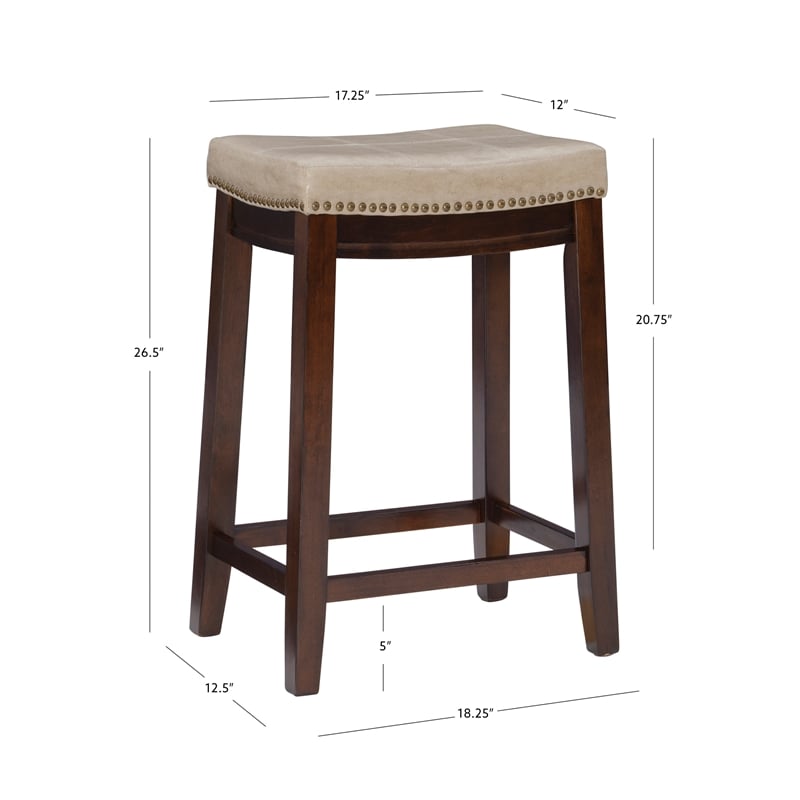 Maklaine Wood Set of 2 Counter Stools Beige Faux Leather Seats in Dk Brown