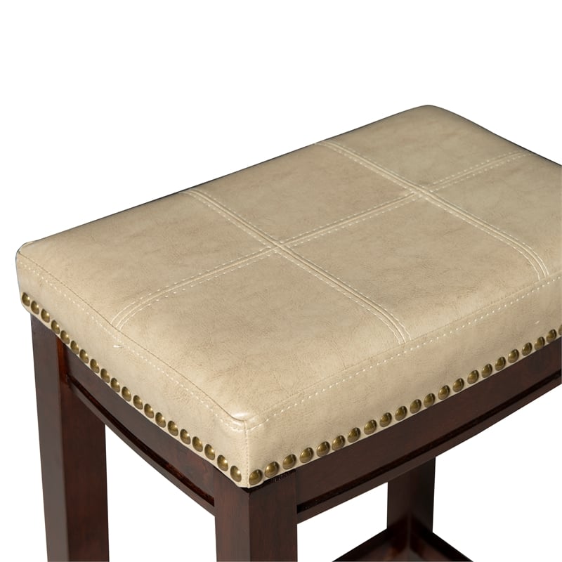 Maklaine Wood Set of 2 Counter Stools Beige Faux Leather Seats in Dk Brown