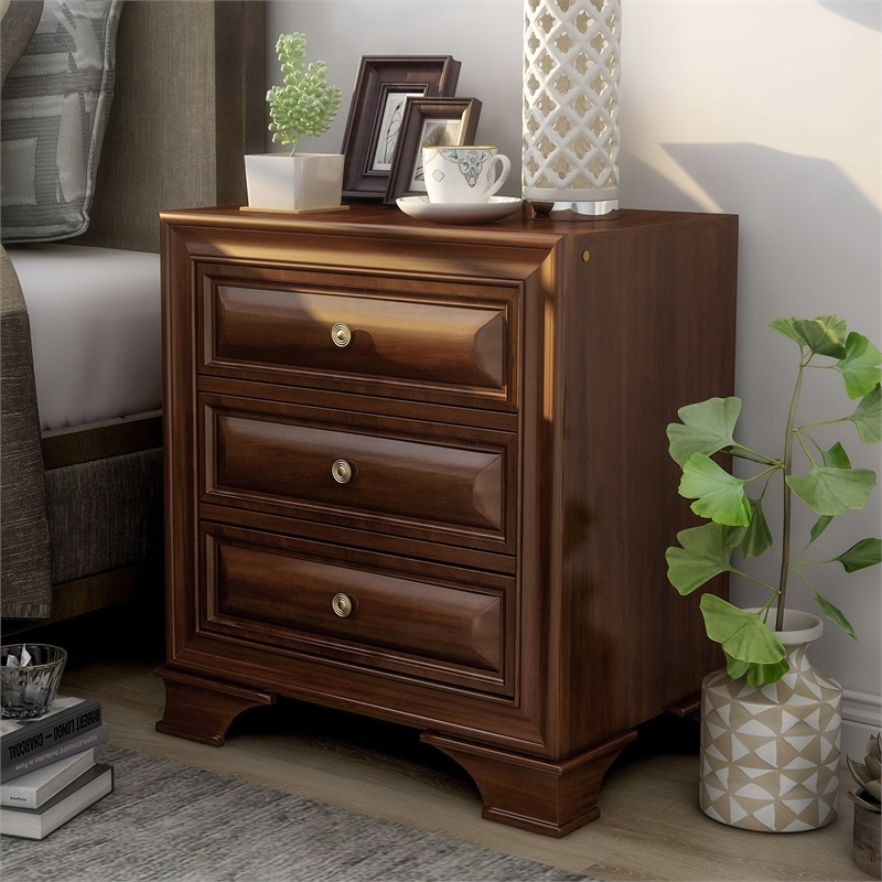 Maklaine Transitional Solid Wood 3-Drawer Nightstand in Brown Cherry
