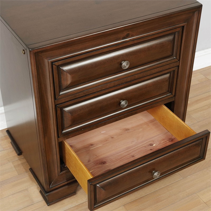 Maklaine Transitional Solid Wood 3-Drawer Nightstand in Brown Cherry