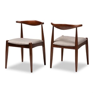 Maklaine Mid-Century Modern Set of 2 Gray Fabric and Walnut Wood Dining Chairs