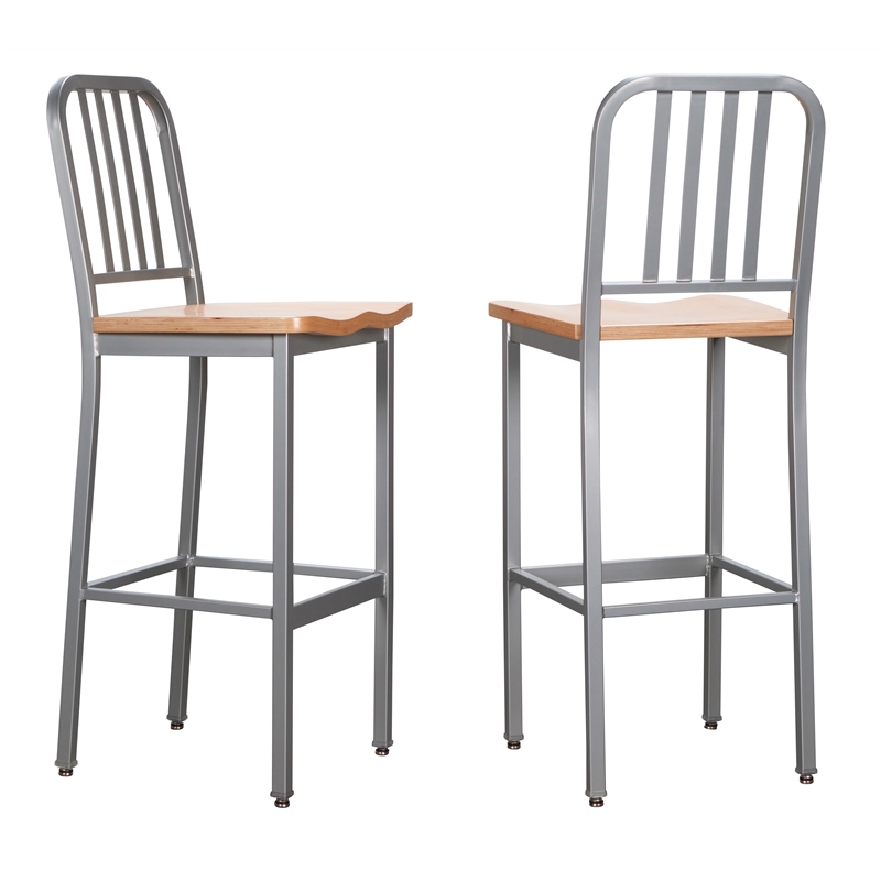 Maklaine Commercial Grade Wood Seat Steel Frame Barstools Set of 2 in Silver
