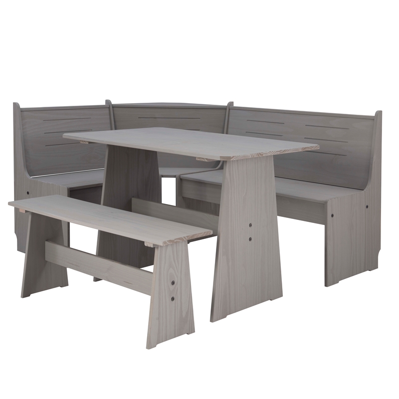 Maklaine Pine Wood Corner Dining Nook Set with Storage in Gray Finish