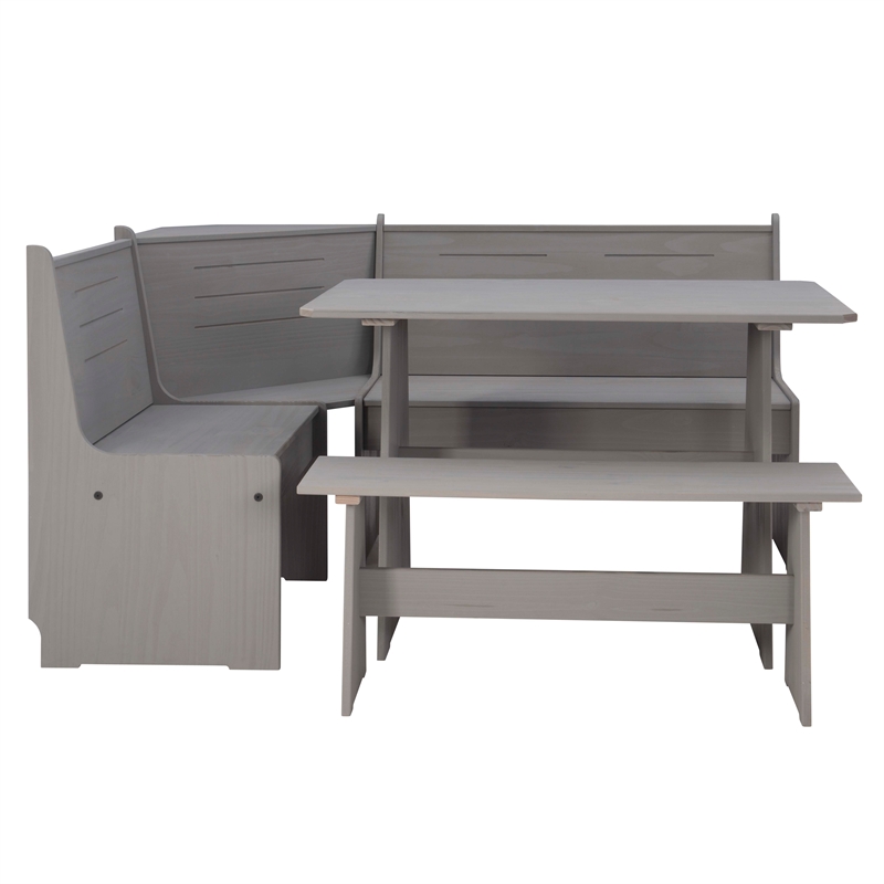 Maklaine Pine Wood Corner Dining Nook Set with Storage in Gray Finish