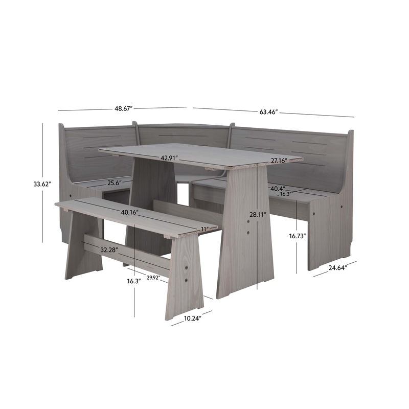 Maklaine Pine Wood Corner Dining Nook Set with Storage in Gray Finish