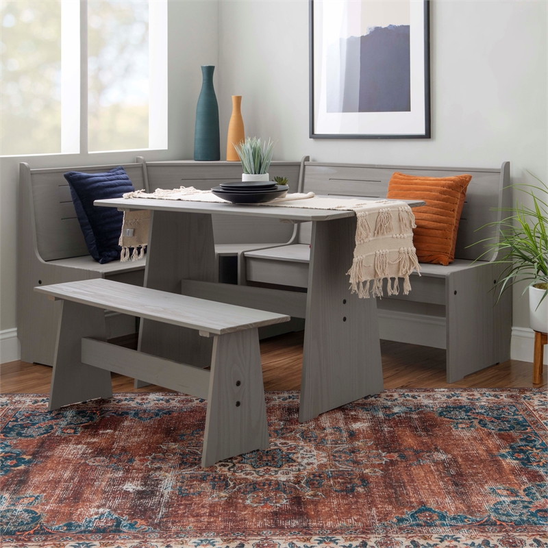 Maklaine Pine Wood Corner Dining Nook Set with Storage in Gray Finish
