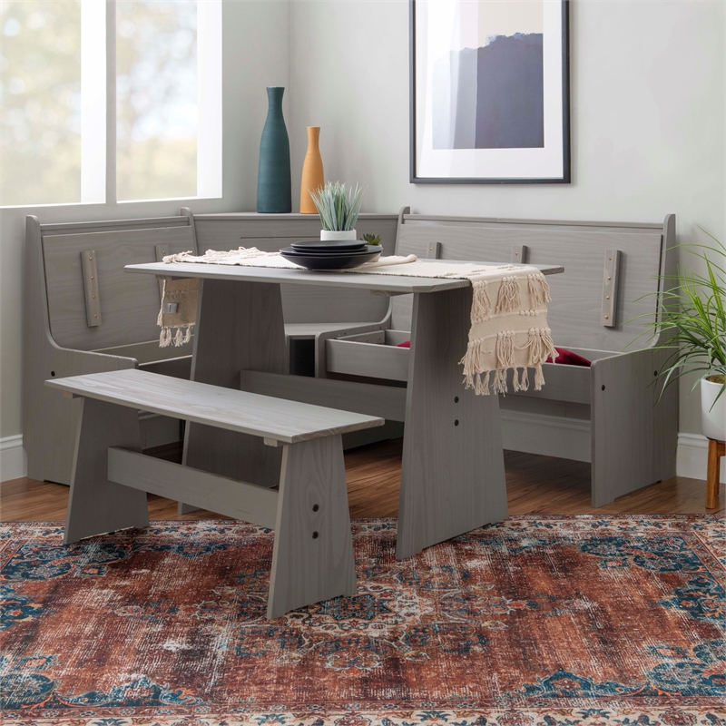 Maklaine Pine Wood Corner Dining Nook Set with Storage in Gray Finish