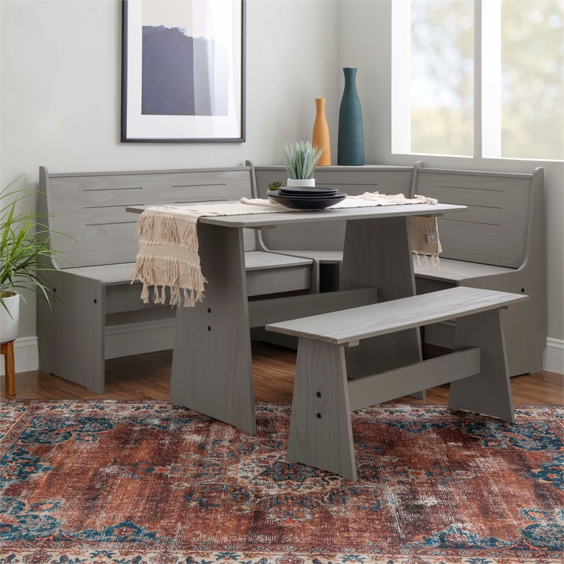 Maklaine Pine Wood Corner Dining Nook Set with Storage in Gray Finish