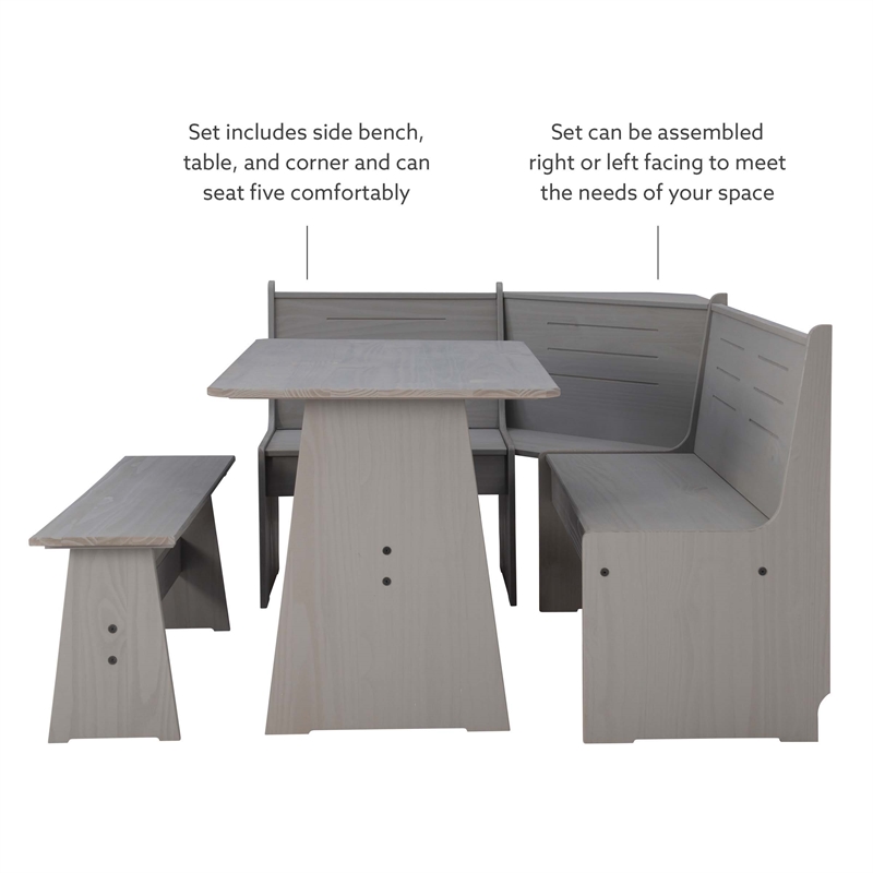 Maklaine Pine Wood Corner Dining Nook Set with Storage in Gray Finish