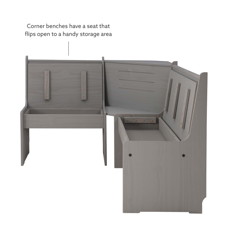 Maklaine Pine Wood Corner Dining Nook Set with Storage in Gray Finish