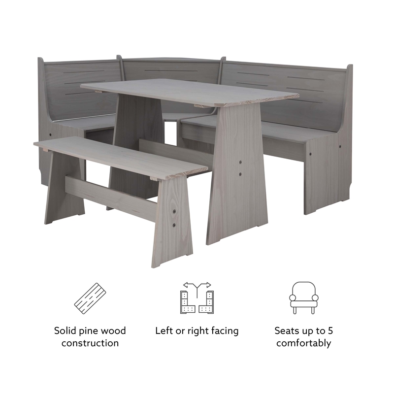 Maklaine Pine Wood Corner Dining Nook Set with Storage in Gray Finish