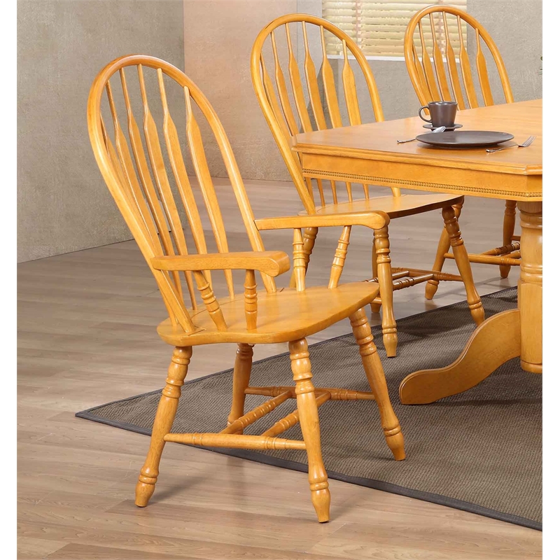 Maklaine Comfort Windsor Dining Chair with Arms Light Oak Solid Wood Armchair