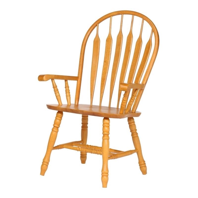 Maklaine Comfort Windsor Dining Chair with Arms Light Oak Solid Wood Armchair
