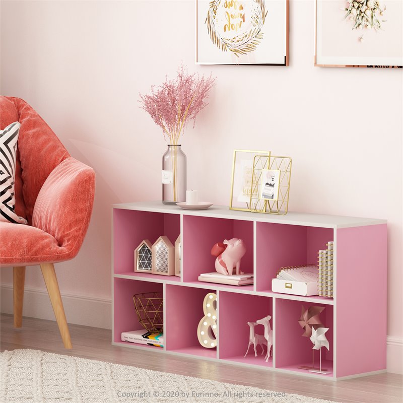 Maklaine Engineered Wood 7-Cube Reversible Open Shelf in White/Pink