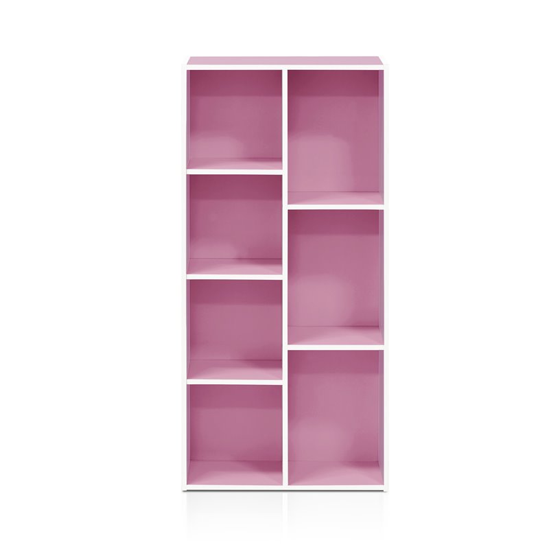 Maklaine Engineered Wood 7-Cube Reversible Open Shelf in White/Pink