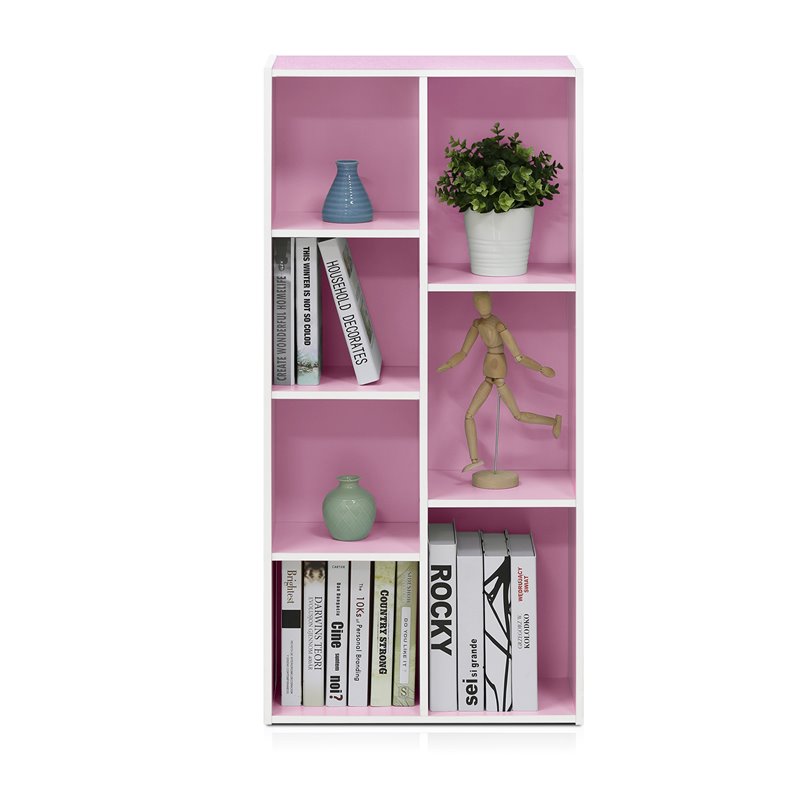 Maklaine Engineered Wood 7-Cube Reversible Open Shelf in White/Pink