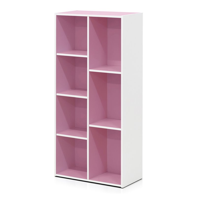Maklaine Engineered Wood 7-Cube Reversible Open Shelf in White/Pink