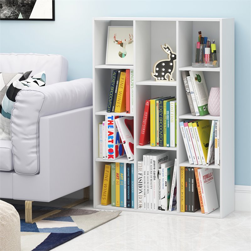 Maklaine Engineered Wood 11-Cube Reversible Open Shelf Bookcase in White