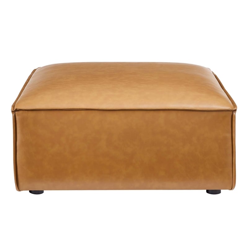 Maklaine Contemporary Upholstered Faux Leather Ottoman in Tan