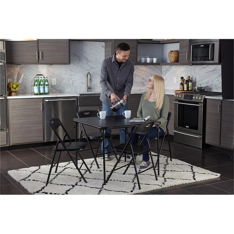Maklaine Transitional 5 Piece Vinyl Folding Table Set in Black