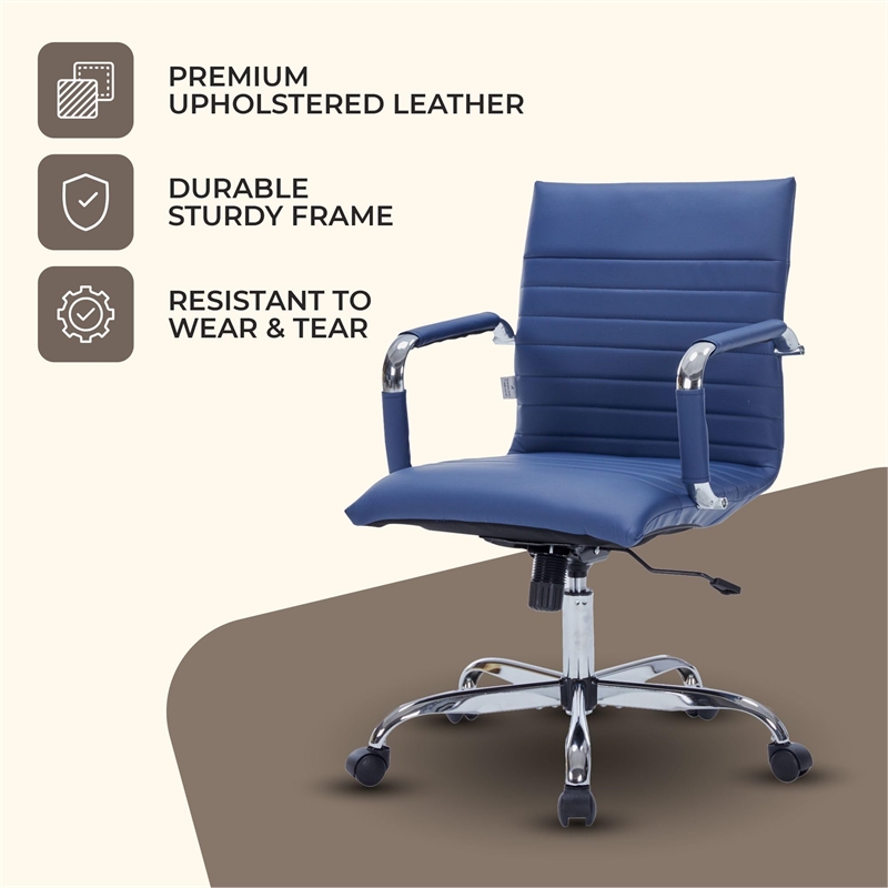 Maklaine Modern Leather Adjustable Swivel Office Chair in Navy Blue