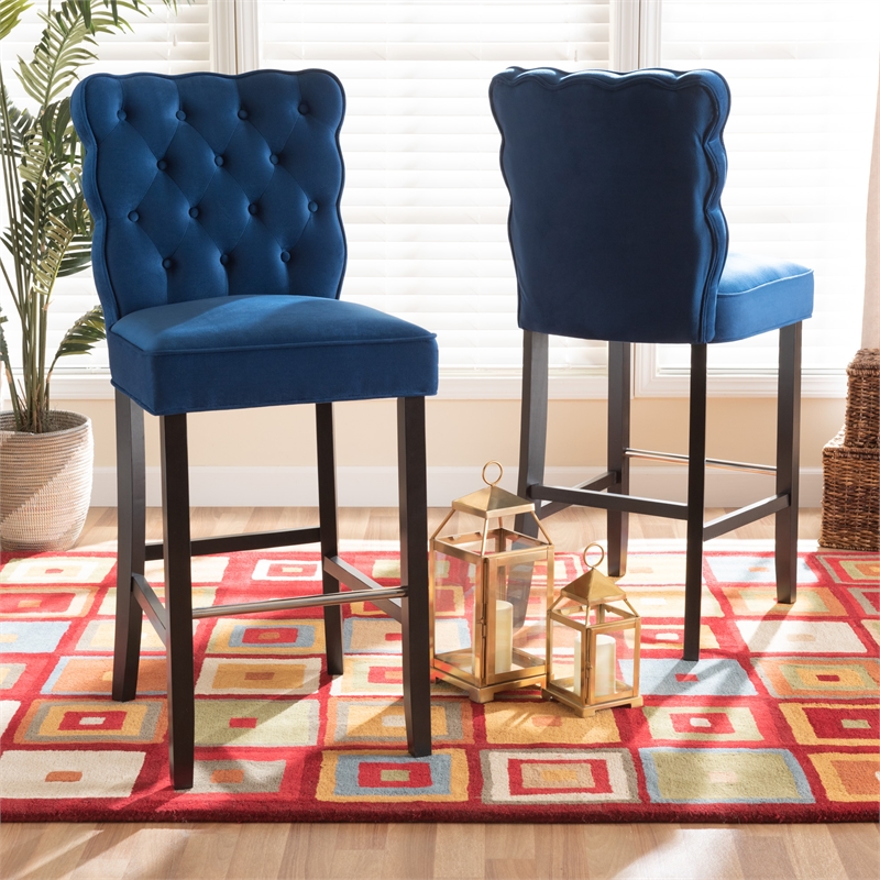 Maklaine Navy Blue Dark Brown Finished Wood 2-Piece Bar Stool Set