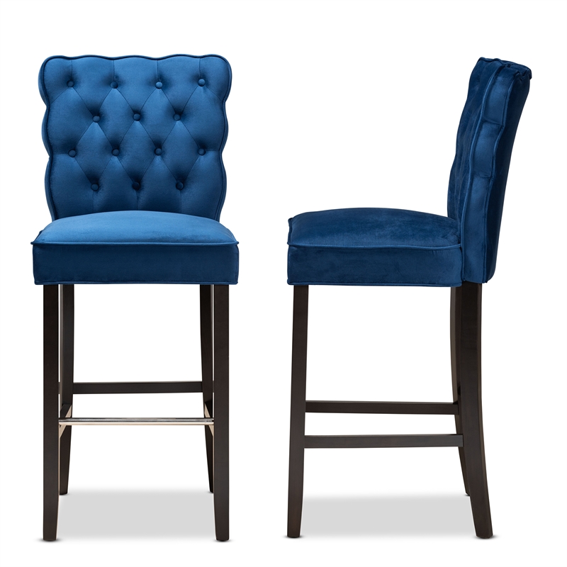 Maklaine Navy Blue Dark Brown Finished Wood 2-Piece Bar Stool Set
