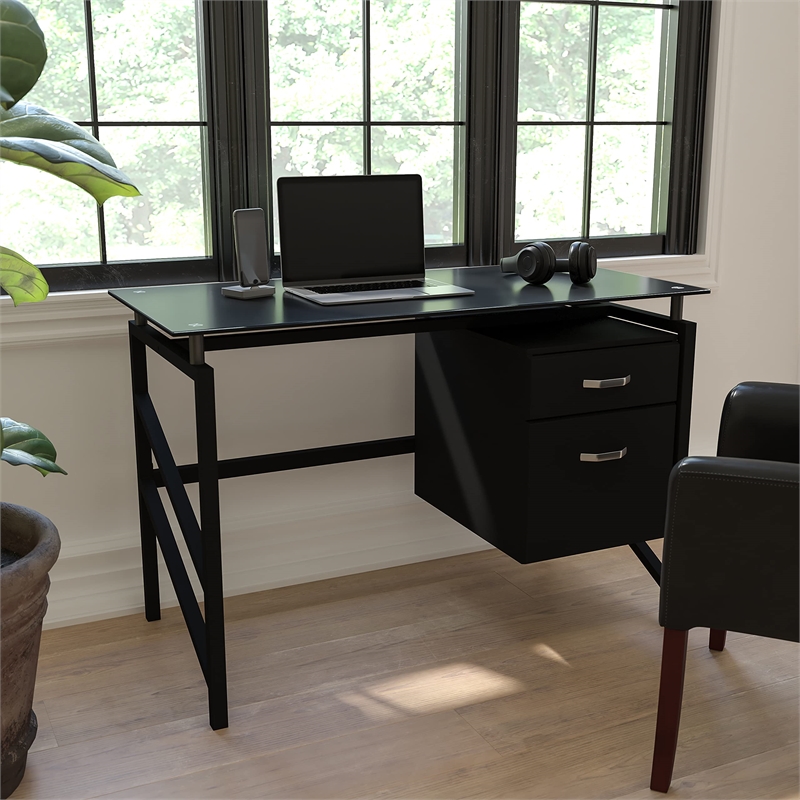 Maklaine Contemporary 2 Drawer Glass Top Home Office Desk in Black