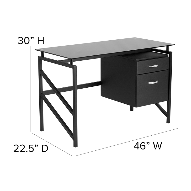 Maklaine Contemporary 2 Drawer Glass Top Home Office Desk in Black