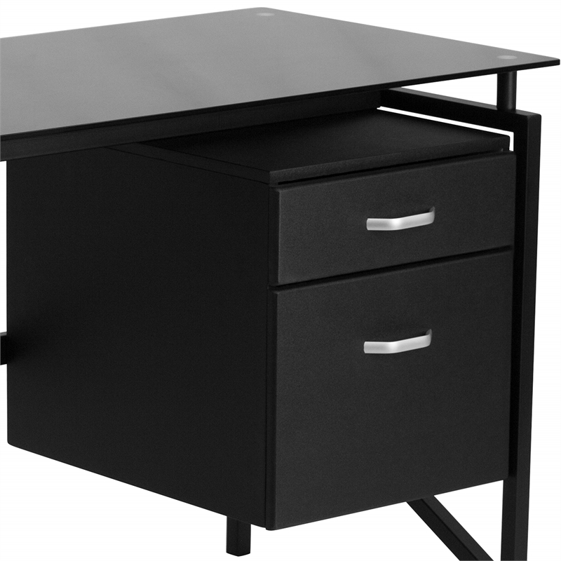 Maklaine Contemporary 2 Drawer Glass Top Home Office Desk in Black
