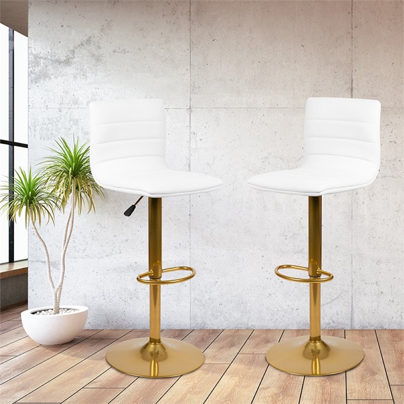 Maklaine Adjustable Faux Leather Bar Stool in White and Gold (Set of 2)