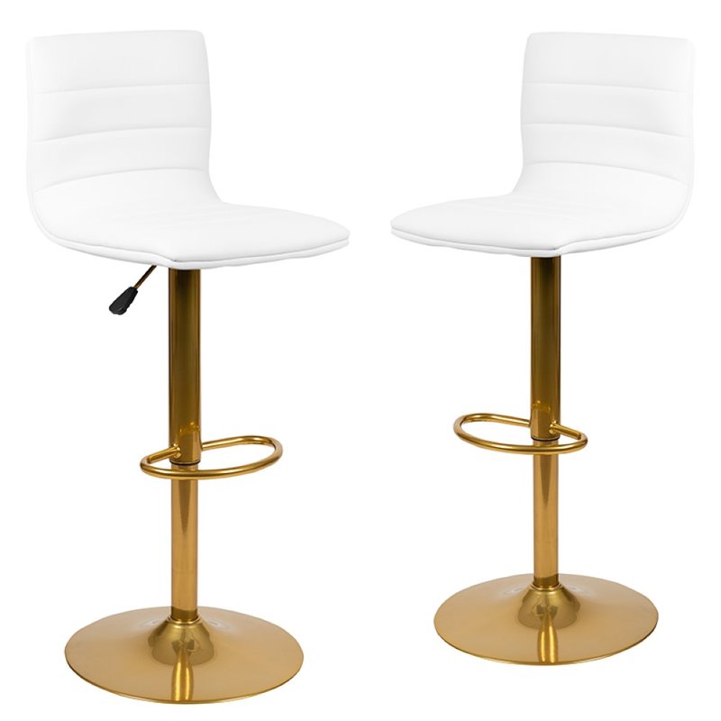 Maklaine Adjustable Faux Leather Bar Stool in White and Gold (Set of 2)